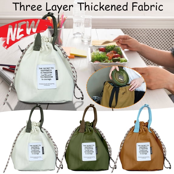 Japanese Style Bento Bag, Reusable Lunch Tote Bag, Portable Insulated Lunch Bag with Drawstring Closure for Work Travel and Picnic, for Women Men, Three Layer Thickened Fabric, White