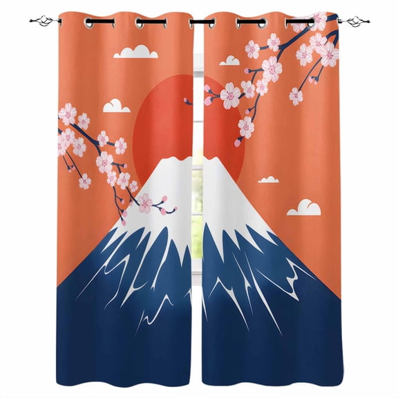 Japanese Style Blackout Curtains for Bedroom, Blue Mountains Orange Red Sun Cherry Floral Thermal Insulated Kitchen Drapes with Grommets, Light Blocking Window Treatment, 2 Panels 52" x 54"