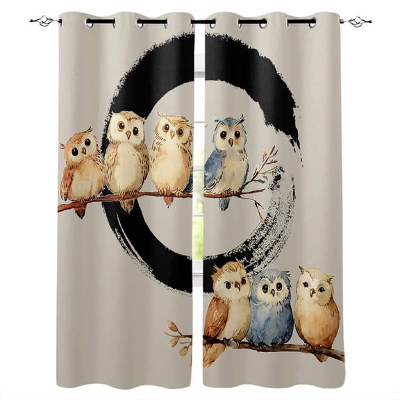 Japanese Style Blackout Curtains for Bedroom/Living Room, Grey Farmhouse Owl Birds Branches Thermal Insulated Kitchen Drapes with Grommets, Light Blocking Window Treatment, 2 Panels 52" x 90"