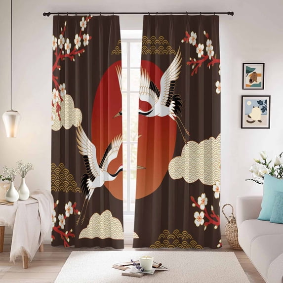 Japanese Style Blackout Curtains for Bedroom/Living Room, Pinch Pleated Black Out Curtains, Modern Cranes Cherry Flower Wave Brown Room Darkening Window Drapes with Hooks 2 Panels, 59"x70"