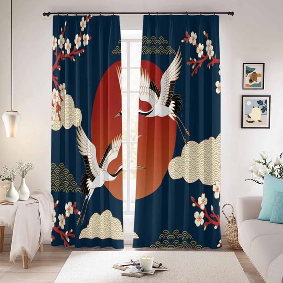Japanese Style Blackout Curtains for Bedroom/Living Room, Pinch Pleated Black Out Curtains, Modern Cranes Cherry Flower Wave Navy Blue Room Darkening Window Drapes with Hooks 2 Panels, 39"x70"