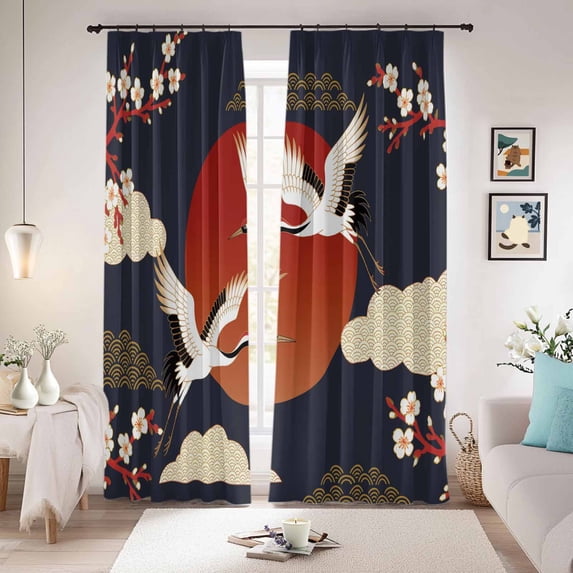 Japanese Style Blackout Curtains for Bedroom/Living Room, Pinch Pleated Black Out Curtains, Modern Cranes Cherry Flower Wave Red Blue Room Darkening Window Drapes with Hooks 2 Panels, 39"x70"