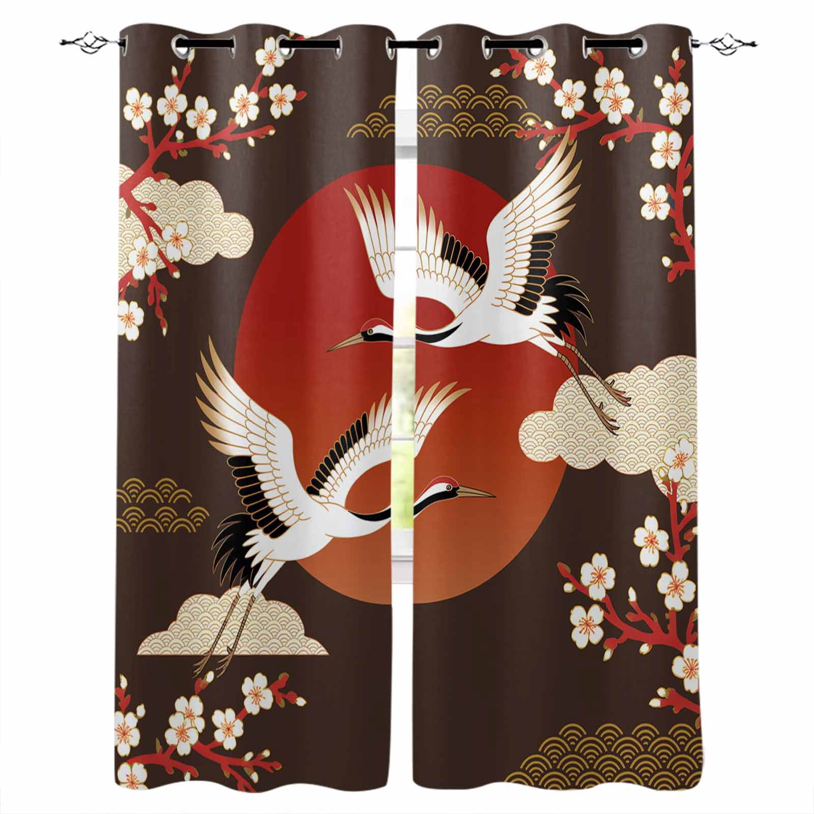 Japanese Style Blackout Curtains for Bedroom/Living Room, Thermal Insulated Kitchen Curtains, Modern Cranes Cherry Flower Wave Brown Grommet Darkening Window Treatment Drapes 52"x72"x2