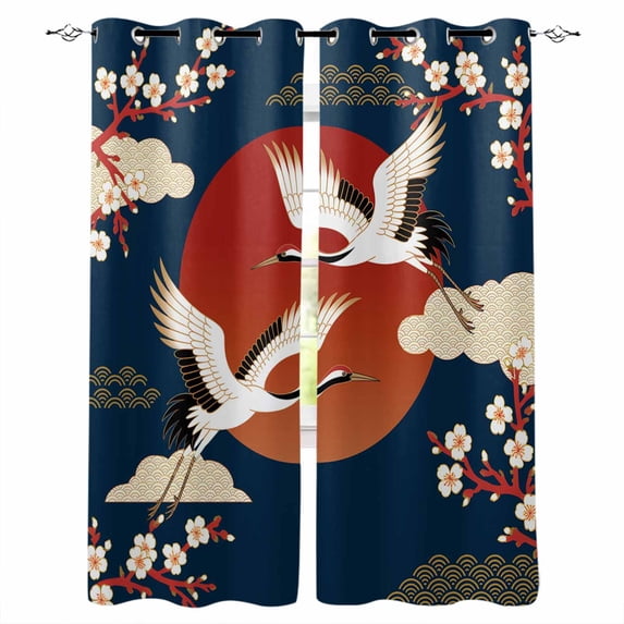 Japanese Style Blackout Curtains for Bedroom/Living Room, Thermal Insulated Kitchen Curtains, Modern Cranes Cherry Flower Wave Navy Blue Grommet Darkening Window Treatment Drapes 27.5"x39"x2