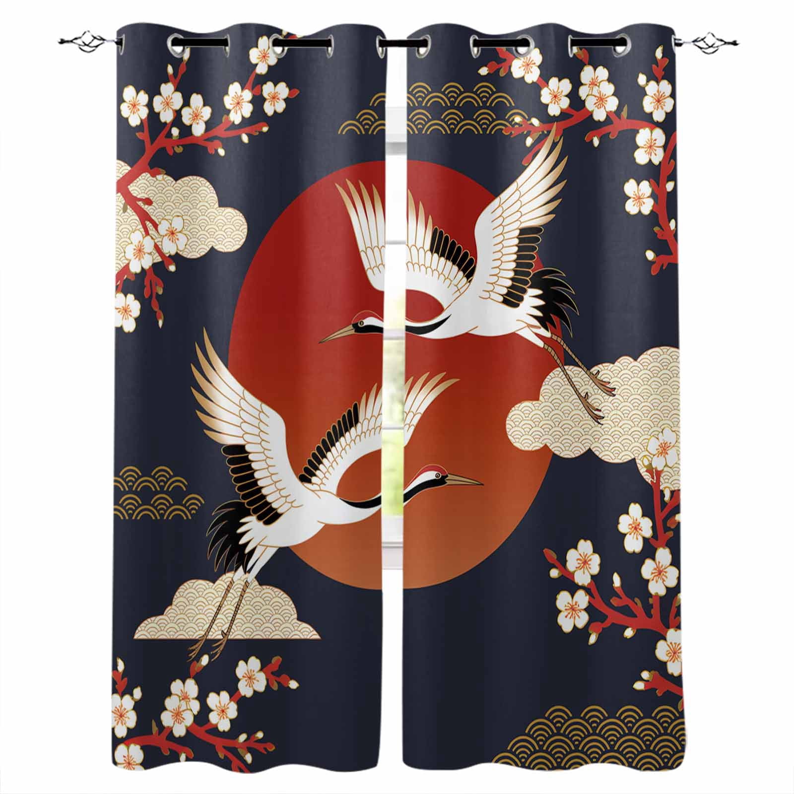 Japanese Style Blackout Curtains for Bedroom/Living Room, Thermal Insulated Kitchen Curtains, Modern Cranes Cherry Flower Wave Red Blue Grommet Darkening Window Treatment Drapes 52"x63"x2