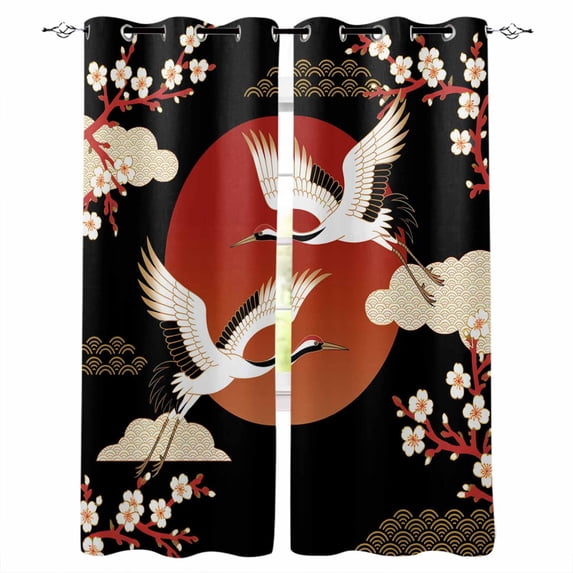 Japanese Style Blackout Curtains for Bedroom/Living Room, Thermal Insulated Kitchen Curtains, Modern Cranes Cherry Flower Wave Red Brown Grommet Darkening Window Treatment Drapes 52"x72"x2