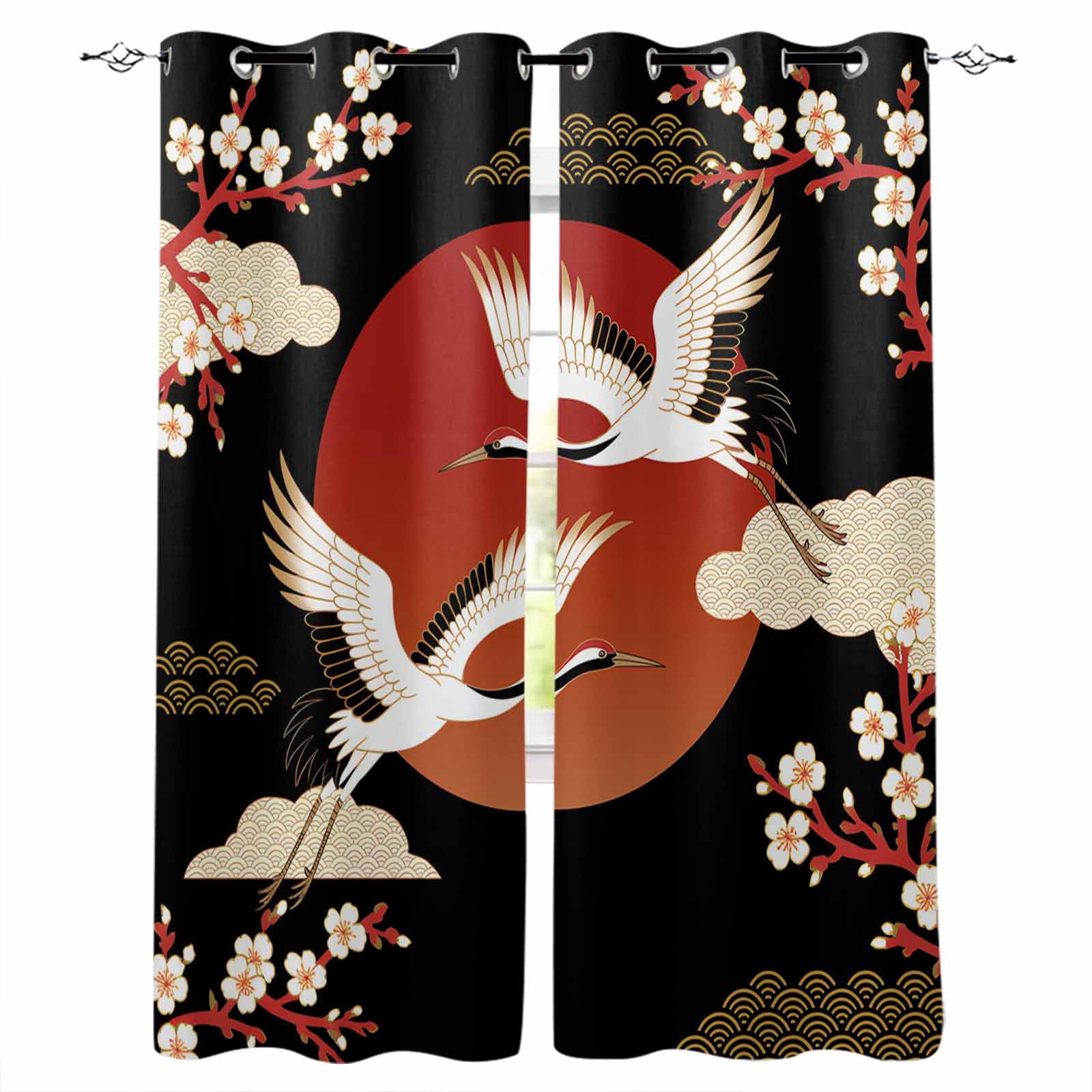Japanese Style Blackout Curtains for Bedroom/Living Room, Thermal Insulated Kitchen Curtains, Modern Cranes Cherry Flower Wave Red Brown Grommet Darkening Window Treatment Drapes 42"x84"x2