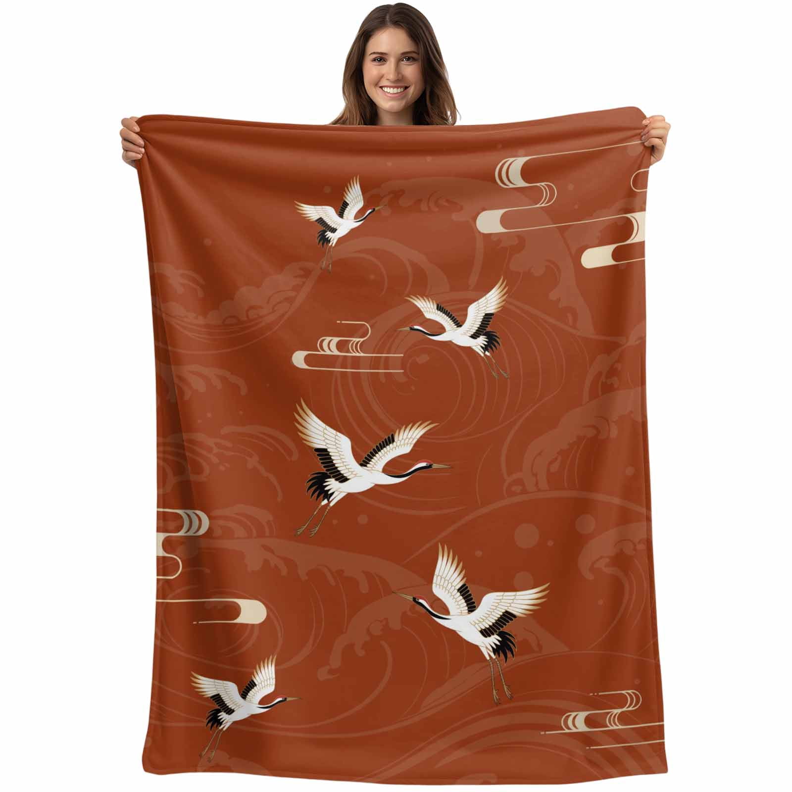 Japanese Style Blanket Soft Cozy Warm Throw Blanket for Couch, Plush Fuzzy Flannel Fleece Blankets for Sofa, Vintage Art Cranes Ocean Wave Red Bed Blankets Lightweight Gifts for Women, 50"x80"