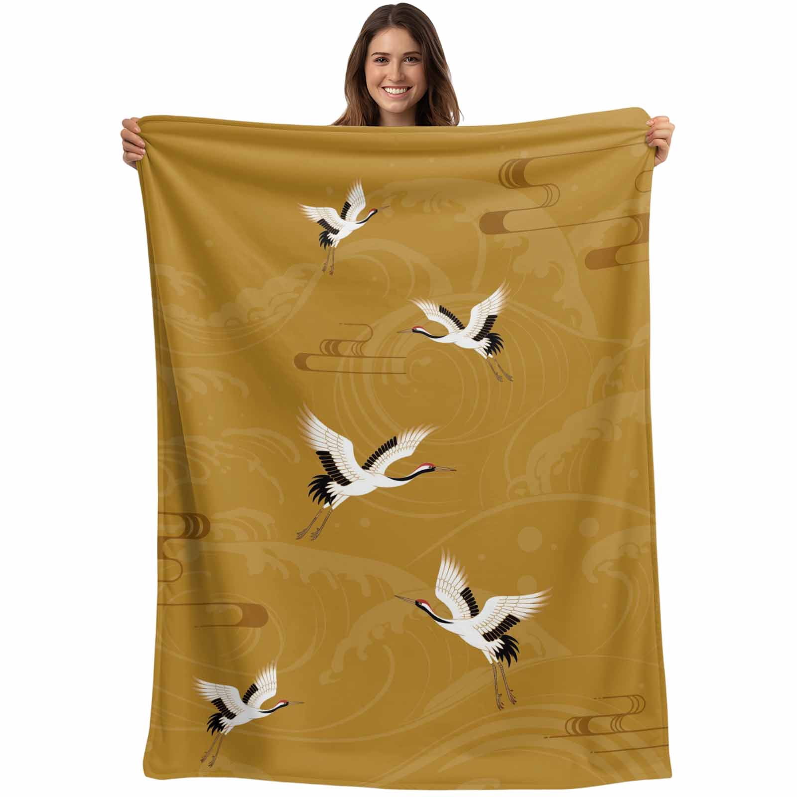 Japanese Style Blanket Soft Cozy Warm Throw Blanket for Couch, Plush Fuzzy Flannel Fleece Blankets for Sofa, Vintage Art Cranes Ocean Wave Yellow Bed Blankets Lightweight Gifts for Women, 50"x80"