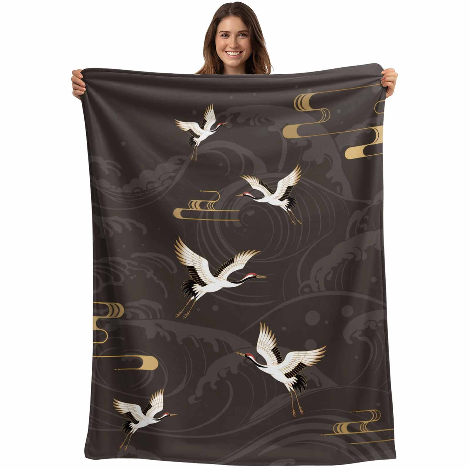 Japanese Style Blanket Soft Cozy Warm Throw Blanket for Couch, Plush Fuzzy Flannel Fleece Blankets for Sofa, Vintage Cranes Ocean Wave Black Grey Bed Blankets Lightweight Gifts for Women, 32"x48"