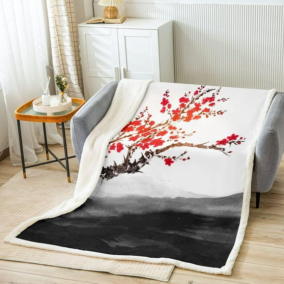Japanese Style Blanket Throw Cherry Blossoms Sherpa Blanket 30"x40" for Kids Girls Women Ukiyo-E Theme Fleece Blanket Traditional Ink Art Nature Fuzzy Blanket Sofa Decor Bedroom Decor