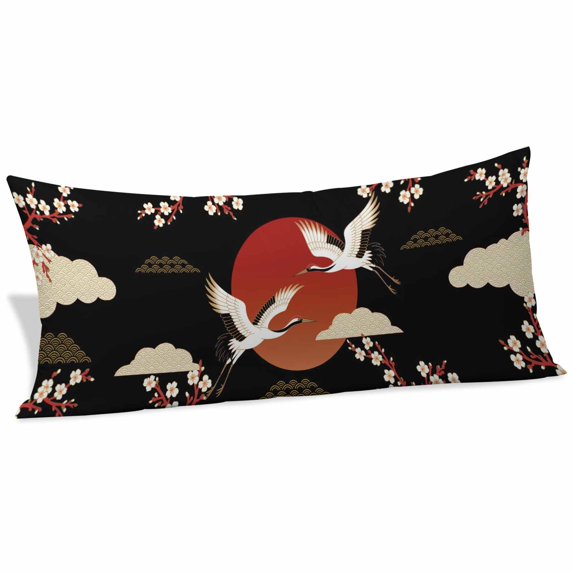 Japanese Style Body Pillow Covers 20"x54", Modern Cranes Cherry Flower Wave Red Brown Soft Brushed Microfiber Breathable Throw Pillow Covers, Decorative Pillowcase with Zipper for Couch Sofa Bedroom
