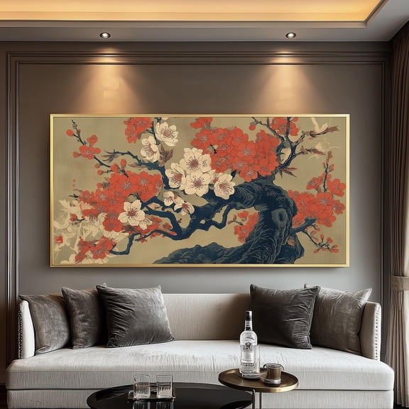 Japanese Style Botanical Panoramic Wall Art Print - Vintage Ukiyo-E Prints Traditional East Asian Decor For Living Room