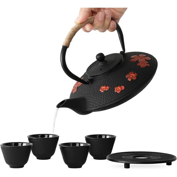 Japanese Style Cast Iron Teapot with 4 Tea Cups Trivet Tetsubin StovetopTea Kettle with Infuser Chinese Iron Tea Pot Tea Set for Adults Black (Pear Flower Pattern)