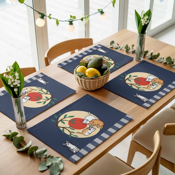 Japanese Style Cat Placemats Set of 4,Wipeable Washable Table Mats for Dining Tables, Cute Kitty on Blue Background Place Mats for Kitchen Event Party Tabletop Decor