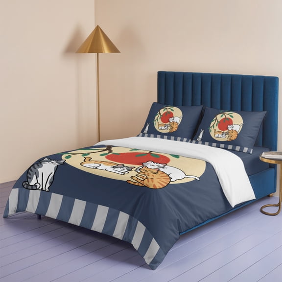 Japanese Style Cat Queen Size Bed Set,Cute Kitty on Blue Background Bedding for All Seasons,4 Pcs Bed Set,1 Quiltcover (90"x90"),1 Sheet (90"x102"),2 Pillowcases (20"x30")
