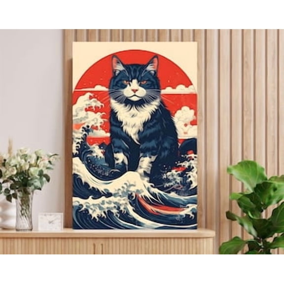 Japanese Style Cat Wave Wall Art, Modern Animal Poster & Poster Decor, Poster Home Decor , Poster Print Only