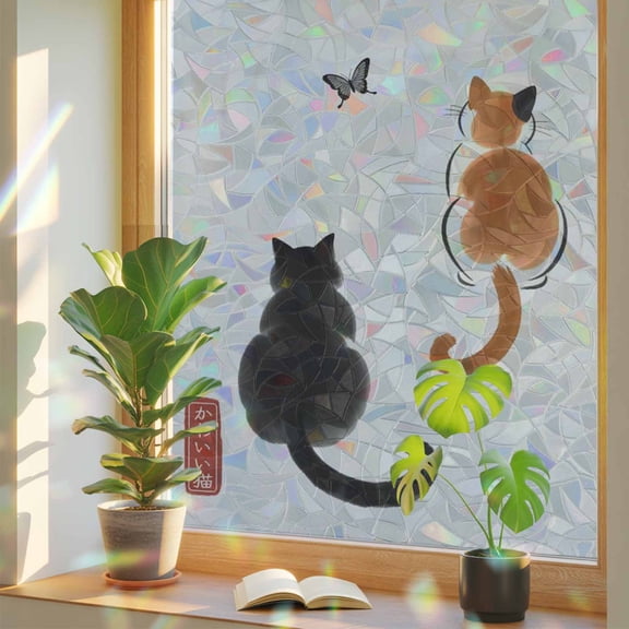 Japanese Style Cat Window Privacy Film, Rainbow Film Decorative Window Sticker 17.7x39.3in, Cute Kitty Butterfly Sun Blocking Static Stained Glass Cling Tint Non-Adhesive