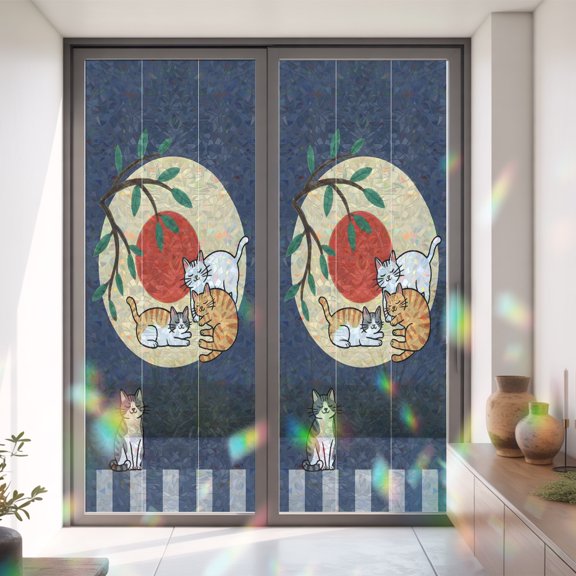 Japanese Style Cat Window Privacy Film, Rainbow Film Decorative Window Sticker 35.4x78.7in, Cute Kitty on Blue Background Sun Blocking Static Stained Glass Cling Tint Non-Adhesive
