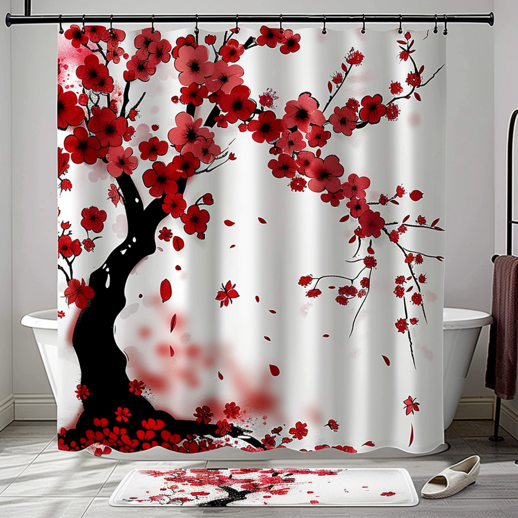 Japanese Style Cherry Blossom Bathroom Set Red Floral Watercolor Design