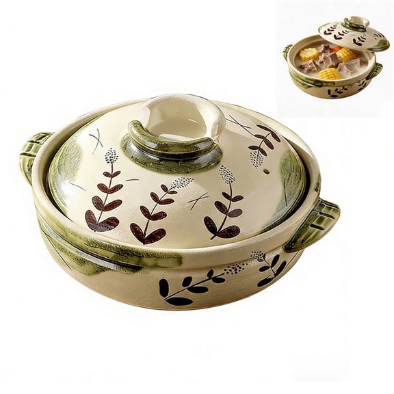 Japanese Style Clay Pot with Lid, Earthen Cooking Pot, Heat Resistant Stone Pot for Bibimbap, Soup Stew, Porridge and Braised Food, Household Kitchen Ceramic Cookware for Daily Cooking