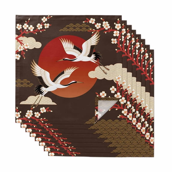 Japanese Style Cloth Napkins, Modern Cranes Cherry Flower Wave Brown Washable and Reusable Dinner Napkins Set of 8, Table Napkin for Kitchen Party Birthday Wedding Hotel Housewarming 20"x20"