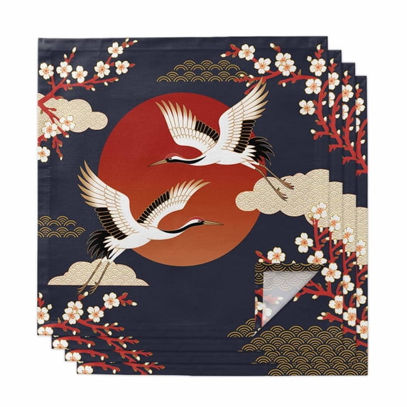 Japanese Style Cloth Napkins, Modern Cranes Cherry Flower Wave Red Blue Washable and Reusable Dinner Napkins Set of 4, Table Napkin for Kitchen Party Birthday Wedding Hotel Housewarming 20"x20"