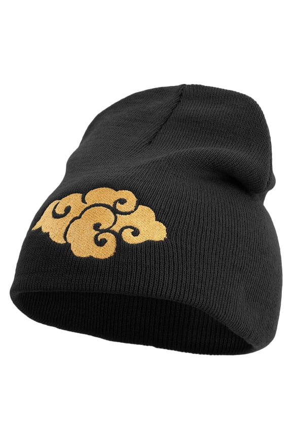 Japanese Style Cloud Embroidered 8 inch Acrylic Short beanie - Black OSFM