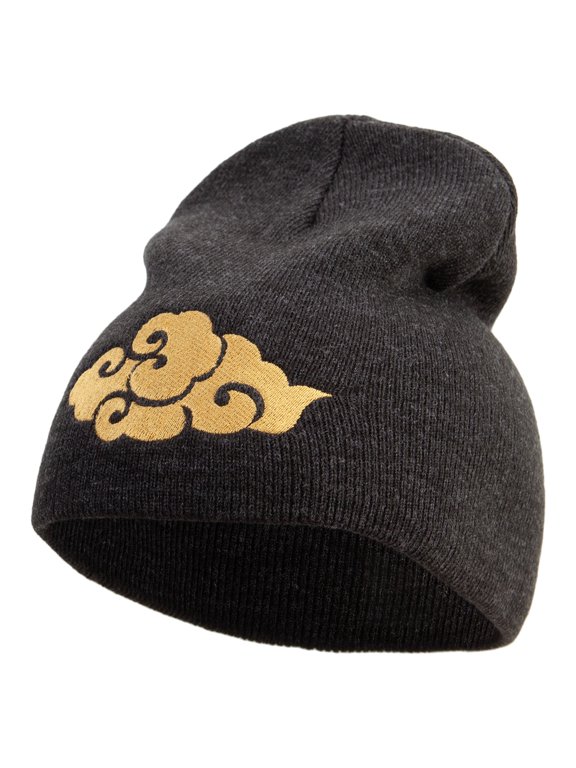 Japanese Style Cloud Embroidered 8 inch Acrylic Short beanie - Charcoal OSFM