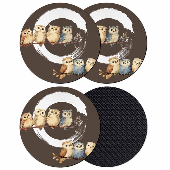 Japanese Style Coasters Set of 4, Absorbent Coasters for Drinks, Dark Brown Rustic Owl Birds Tree Branches Coaster for Desk Coffee Table Protection, Home Decor House Warming Gifts 4"