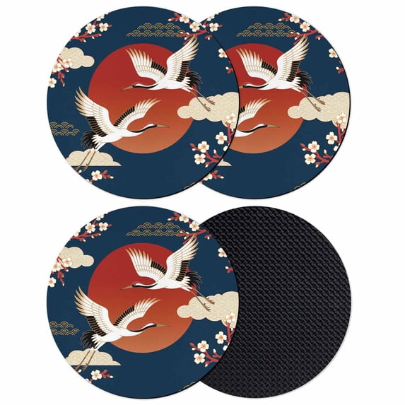 Japanese Style Coasters Set of 4, Absorbent Coasters for Drinks, Modern Cranes Cherry Flower Wave Navy Blue Coaster for Desk Coffee Table Protection, Home Decor House Warming Gifts 4"