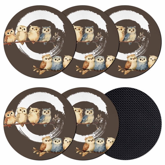 Japanese Style Coasters Set of 6, Absorbent Coasters for Drinks, Dark Brown Rustic Owl Birds Tree Branches Coaster for Desk Coffee Table Protection, Home Decor House Warming Gifts 4"