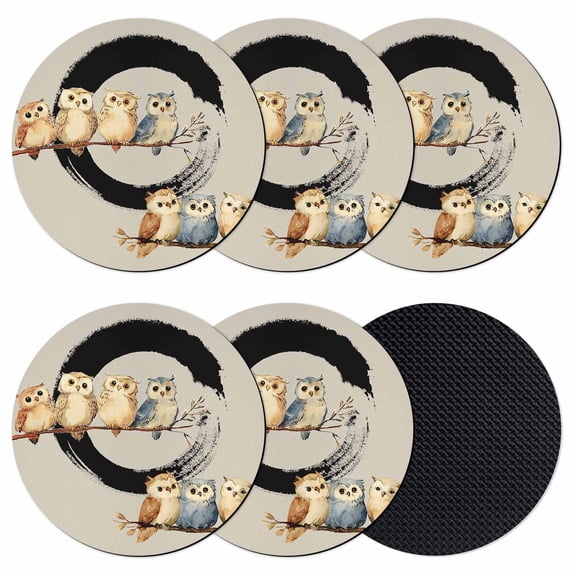 Japanese Style Coasters Set of 6, Absorbent Coasters for Drinks, Grey Farmhouse Owl Birds Branches Coaster for Desk Coffee Table Protection, Home Decor House Warming Gifts 4"