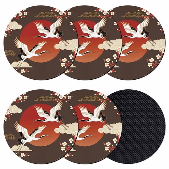 Japanese Style Coasters Set of 6, Absorbent Coasters for Drinks, Modern Cranes Cherry Flower Wave Brown Coaster for Desk Coffee Table Protection, Home Decor House Warming Gifts 4"
