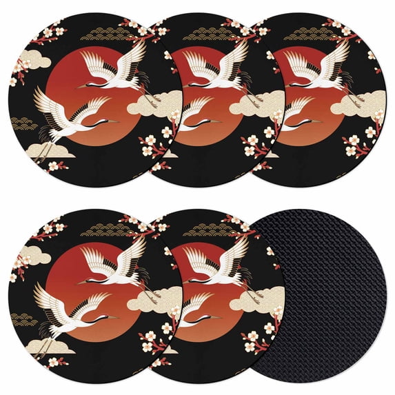 Japanese Style Coasters Set of 6, Absorbent Coasters for Drinks, Modern Cranes Cherry Flower Wave Red Brown Coaster for Desk Coffee Table Protection, Home Decor House Warming Gifts 4"