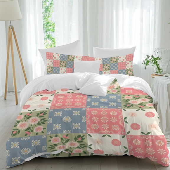 Japanese Style Colorful Patchwork 4 Piece Duvet Cover Set Queen Size Vintage Red Blue Green Flower Leaf Plaid Soft Bedding Set Comforter Cover, 1 Duvet Cover 1 Flat Sheets and 2 Pillowcases