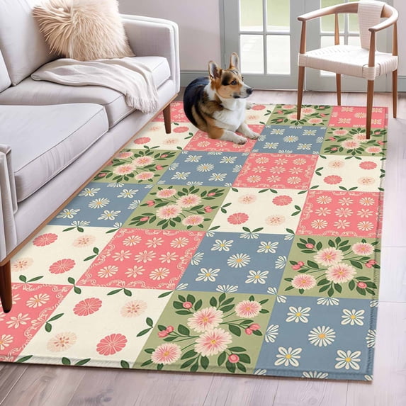 Japanese Style Colorful Patchwork Area Rugs 3x5 ft Vintage Red Blue Green Flower Leaf Plaid Washable Rug Non Slip Indoor Carpet Absorbent Floor Mat for Living Room Bedroom Dining Room