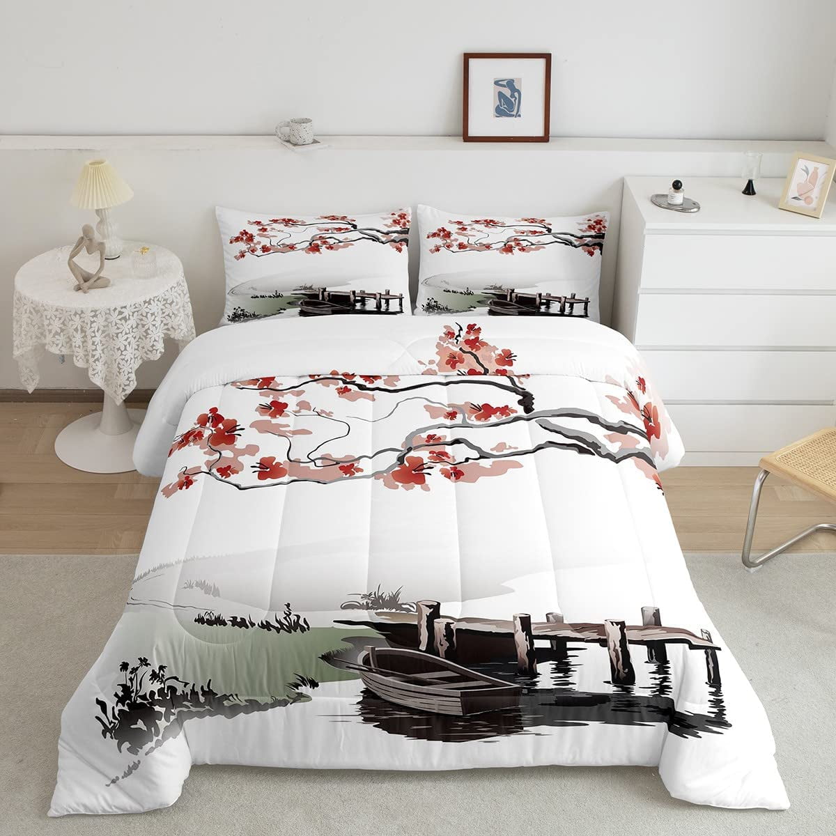 Japanese Style Comforter Set 3pcs Cherry Blossom Bedding Set Watercolor