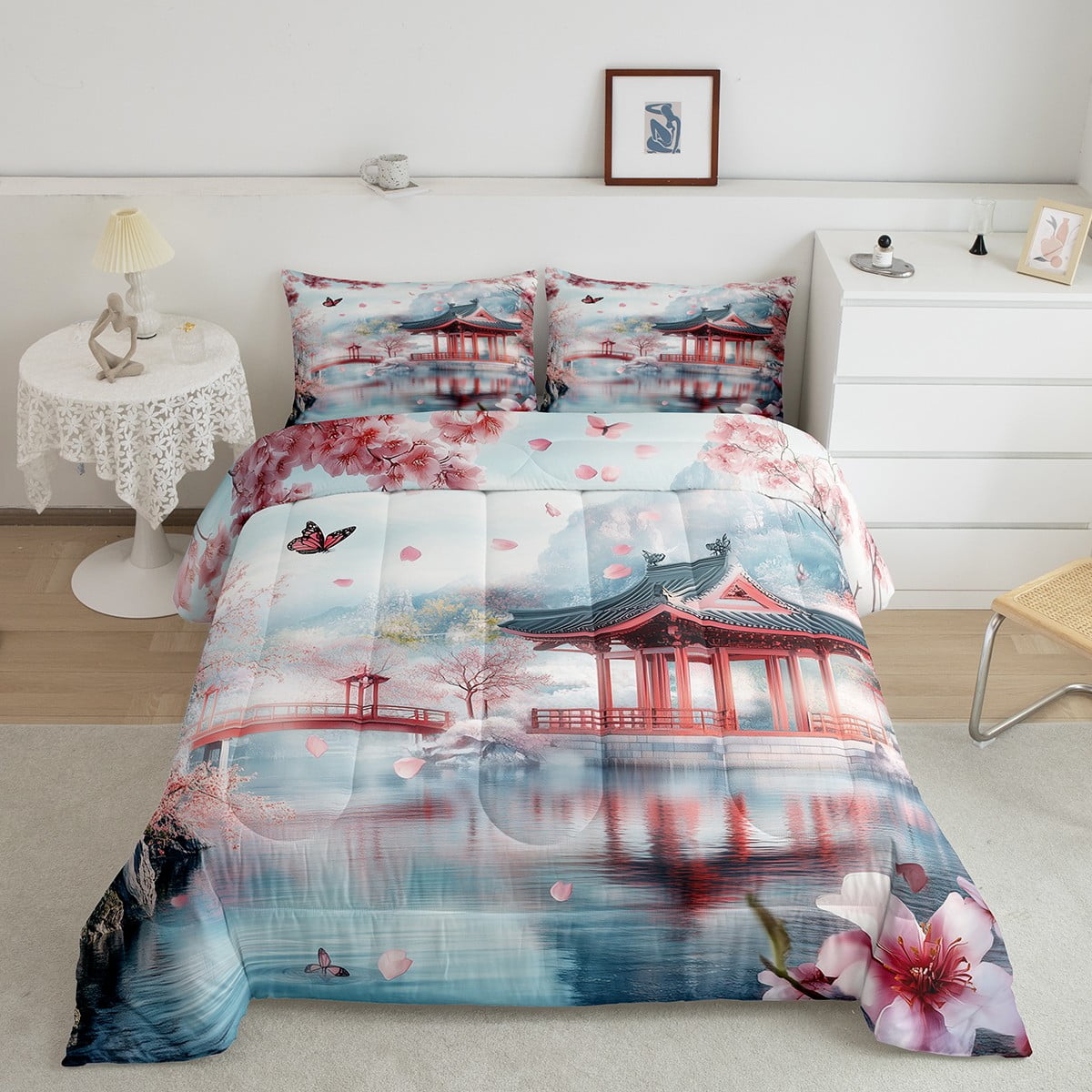Japanese Style Comforter Set Queen Butterfly Cherry Blossom Bedding