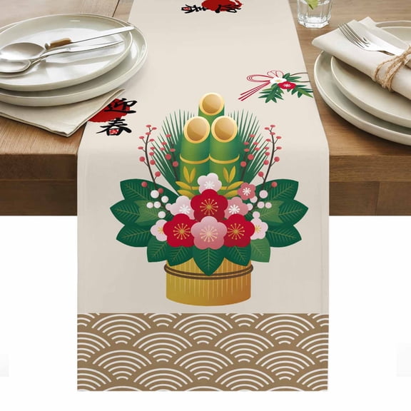 Japanese Style Cotton Linen Table Runner Cherry Blossoms Floral Sea Waves Beige Dining Table Runners for Home Decor Party Dining Room Restaurant Kitchen Party 13" x 48"