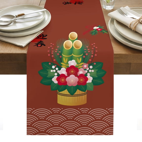 Japanese Style Cotton Linen Table Runner Cherry Blossoms Floral Sea Waves Red Dining Table Runners for Home Decor Party Dining Room Restaurant Kitchen Party 13" x 120"