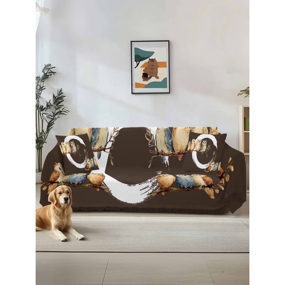Japanese Style Couch Cover, Dark Brown Rustic Owl Birds Tree Branches Sofa Cover Blanket for Loveseat Couches, Sectional Sofa Slipcover Furniture Protector for Living Room Bedroom 71''x118''