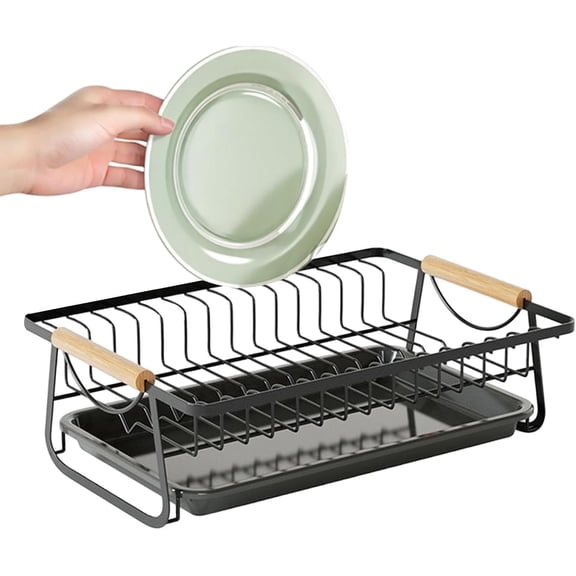 Japanese Style Countertop Dish Drying Rack, Iron Wire Plate Drainer with Wooden Handles & Drip Tray, Kitchen Storage Organizer for Plates, Bowls & Utensils