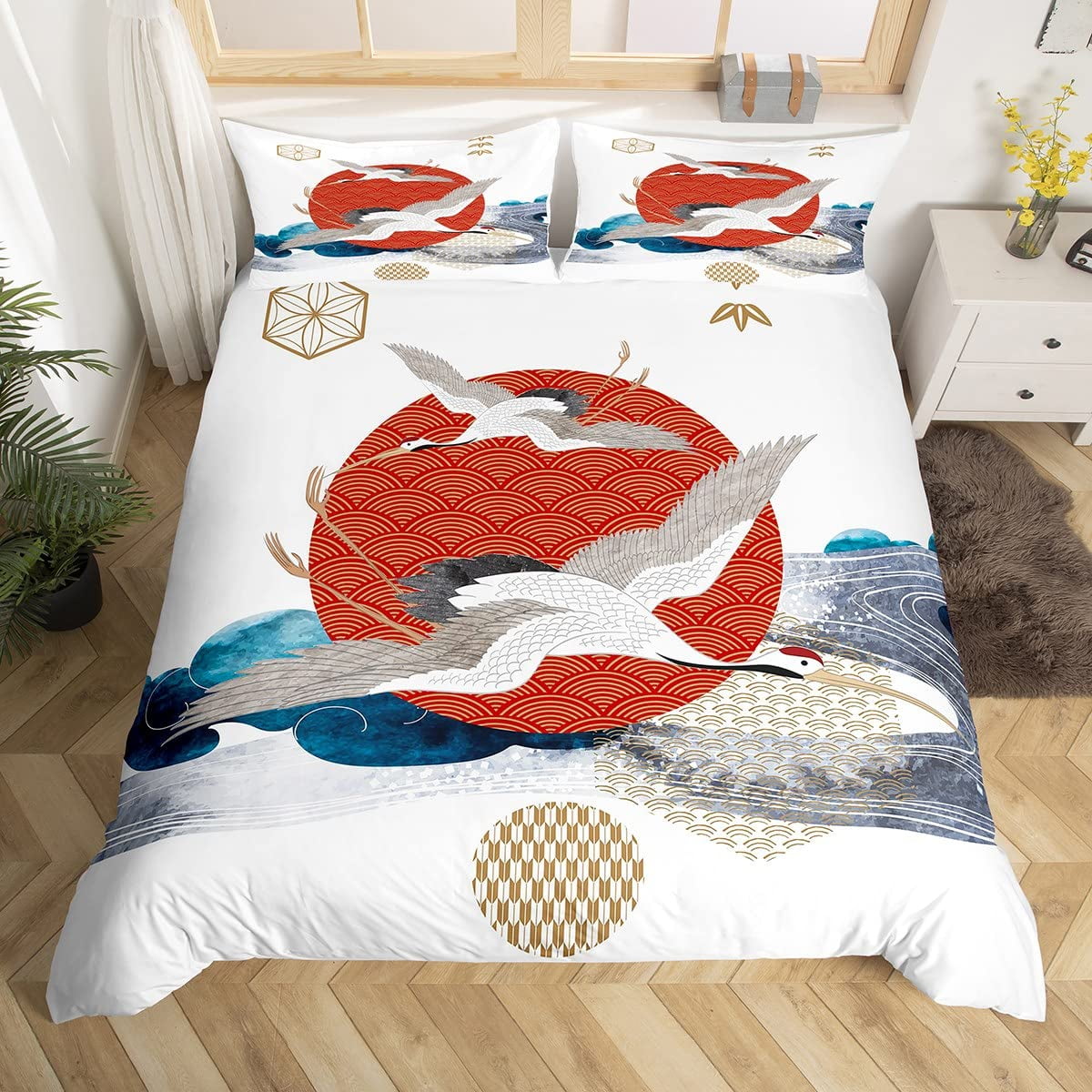 Japanese Style Crane Duvet Cover Set Full Size Exotic Red Sun Sea Waves
