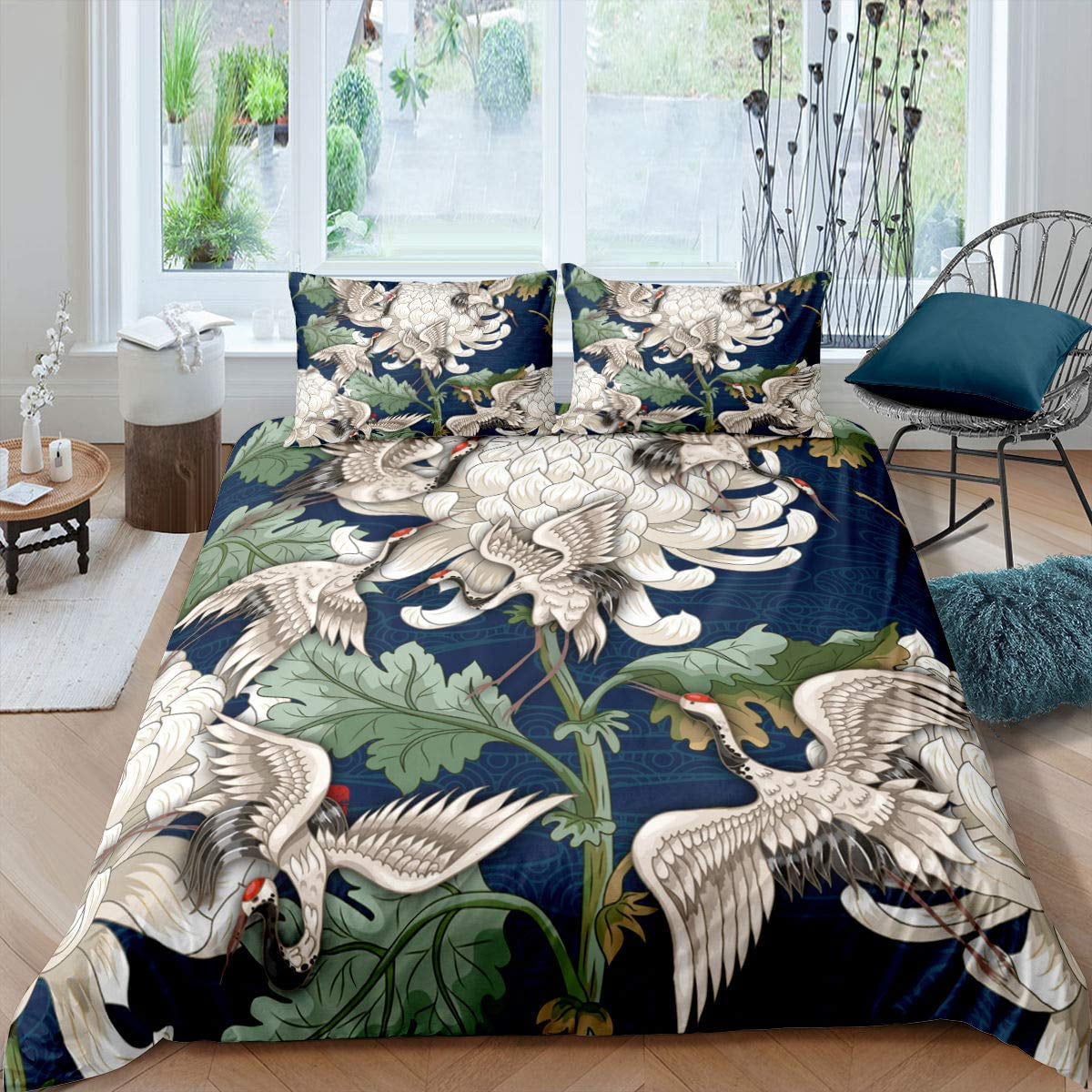 Japanese Style Crane Duvet Cover Set Full Size Exotic Red Sun Sea Waves ...