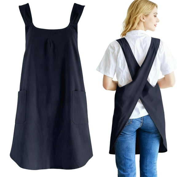 Japanese Style Cross Back Pinafore Apron with Pockets for Women Ladies Men Chef Kitchen Cooking Baking