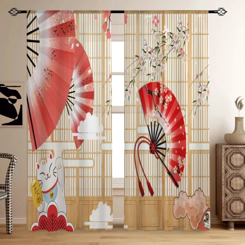 Japanese Style Curtains Fan Cat Wooden Door Cherry Blossom Curtain for