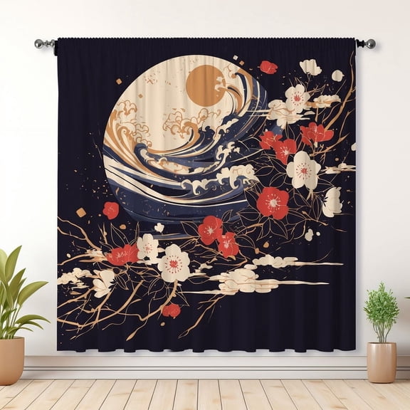 Japanese Style Curtains, Moon Print Blackout Curtains, Suitable For Room Bedroom Decoration(Rod pocket)