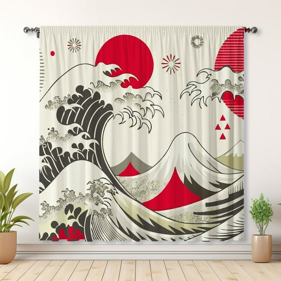 Japanese Style Curtains, Wave Print Blackout Curtains, Suitable For Room Bedroom Decoration(Rod pocket)