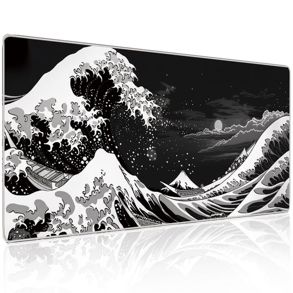 Japanese Style Desk Mouse Mat Large Minimalist Pad Non-Slip Base 35.4x15.7" Black and White Waves